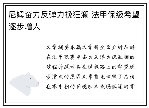 尼姆奋力反弹力挽狂澜 法甲保级希望逐步增大