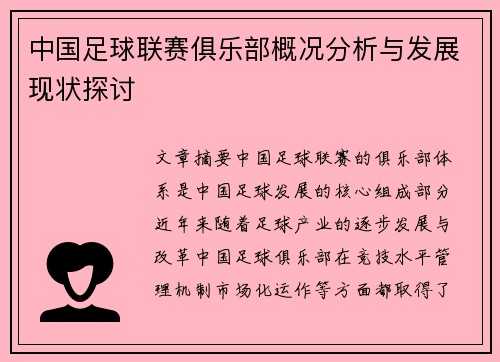 中国足球联赛俱乐部概况分析与发展现状探讨