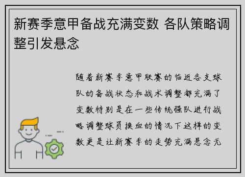 新赛季意甲备战充满变数 各队策略调整引发悬念
