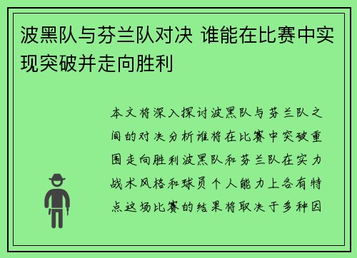 波黑队与芬兰队对决 谁能在比赛中实现突破并走向胜利