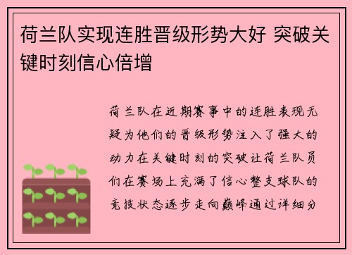 荷兰队实现连胜晋级形势大好 突破关键时刻信心倍增