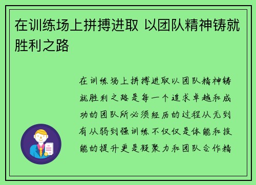 在训练场上拼搏进取 以团队精神铸就胜利之路