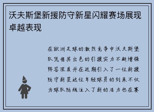 沃夫斯堡新援防守新星闪耀赛场展现卓越表现
