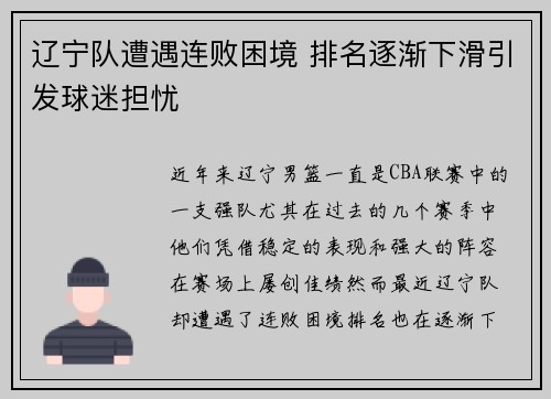 辽宁队遭遇连败困境 排名逐渐下滑引发球迷担忧