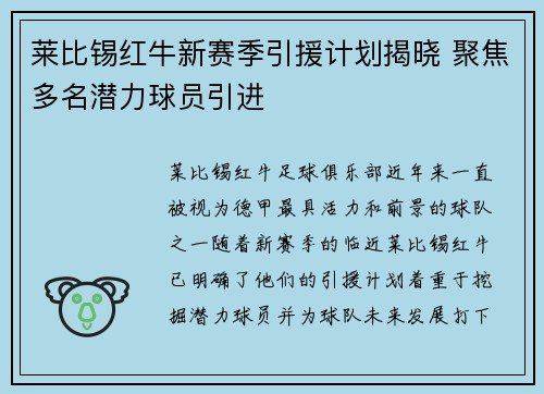 莱比锡红牛新赛季引援计划揭晓 聚焦多名潜力球员引进