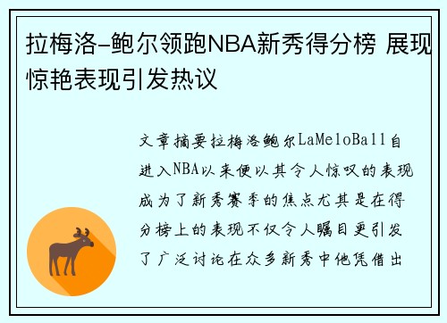 拉梅洛-鲍尔领跑NBA新秀得分榜 展现惊艳表现引发热议