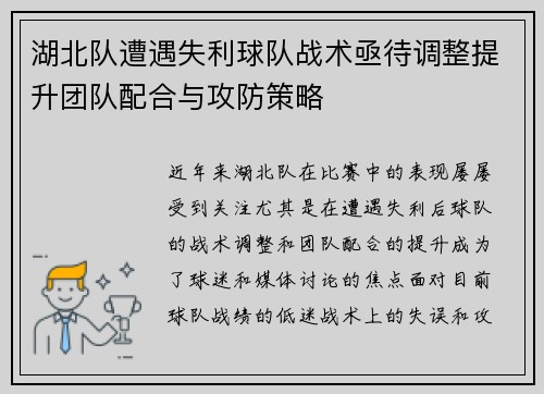 湖北队遭遇失利球队战术亟待调整提升团队配合与攻防策略